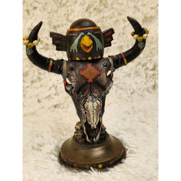 Handcrafted Vintage-Inspired Tribal Totem Decor Featuring Bird Motif & Bull Horn - Picture 4 of 12